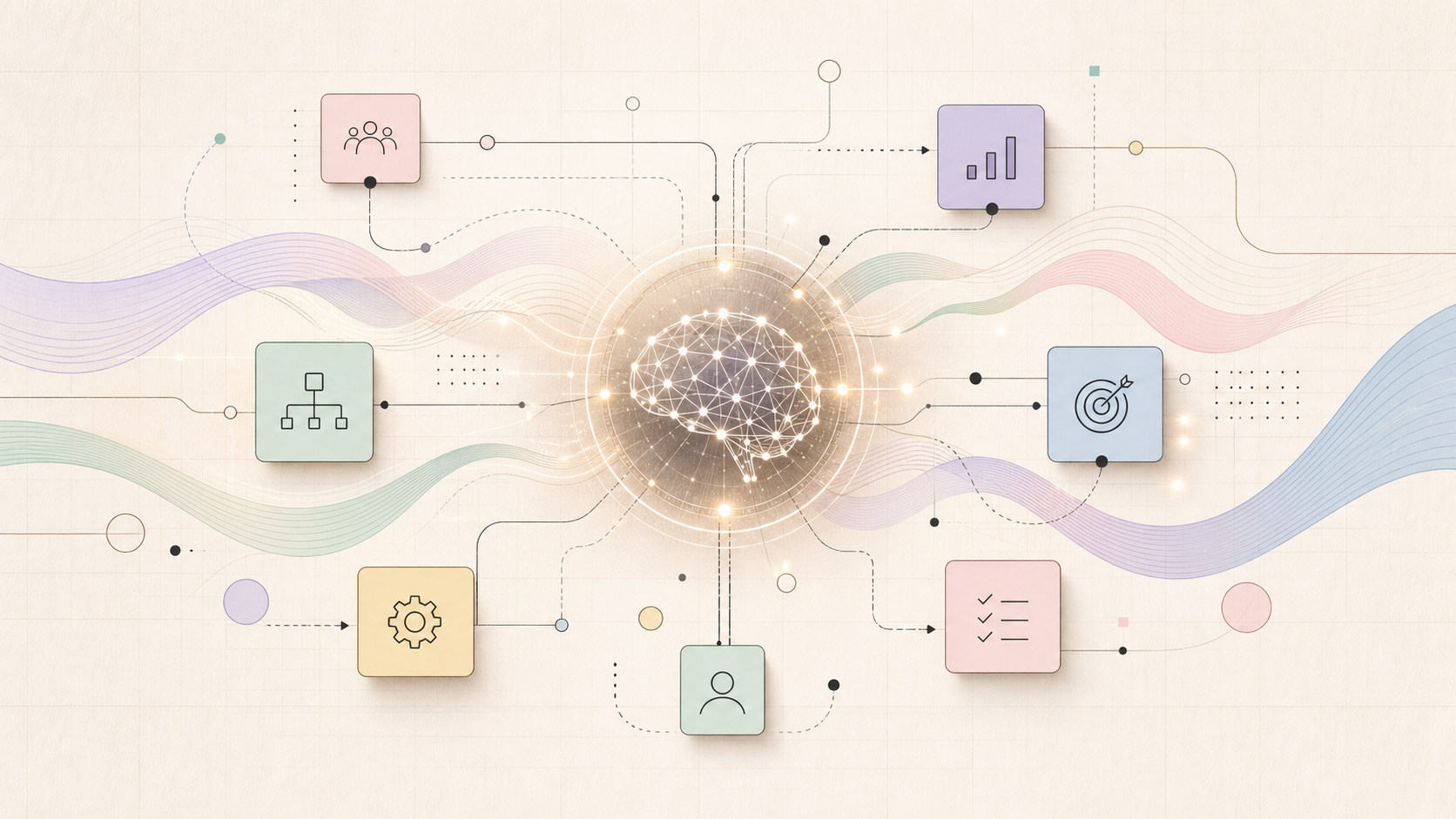 Abstract AI workflow illustration with nodes, process cards, and pastel signal lines